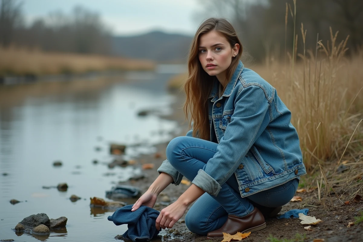 Jeune femme ramassant des vêtements en denim sur la rive d'une rivière