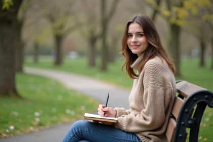 Jeune femme assise sur un banc de parc au printemps