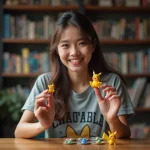 Jeune femme souriante avec tokens Pokémon en main