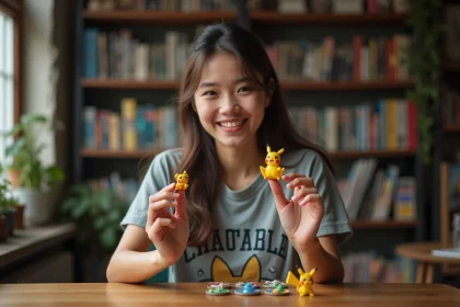 Jeune femme souriante avec tokens Pokémon en main
