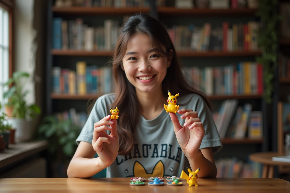 Jeune femme souriante avec tokens Pokémon en main