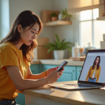 Jeune femme inquiète examine son smartphone avec ordinateur et colis vintage