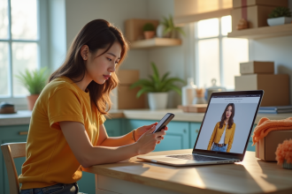 Jeune femme inquiète examine son smartphone avec ordinateur et colis vintage