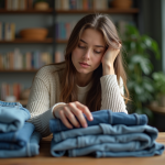 Jeune femme examinant des vêtements en denim et coton usés