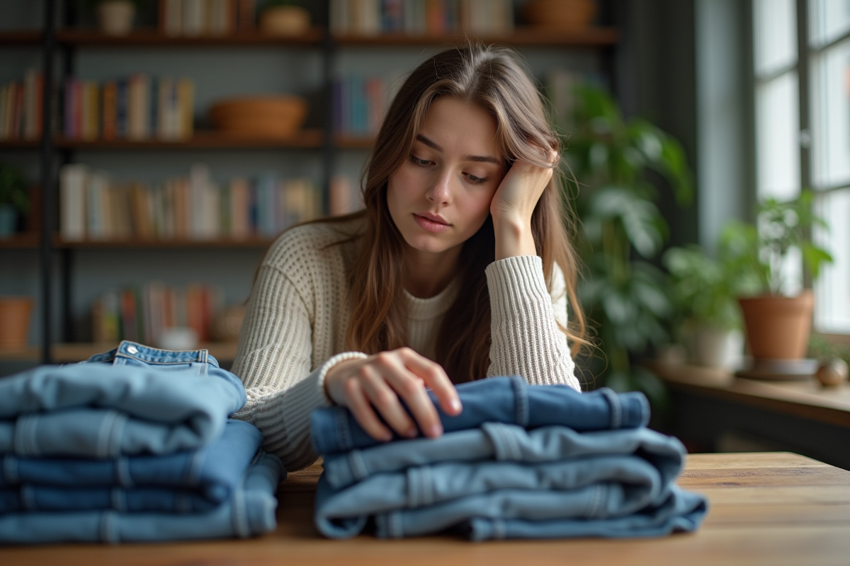 Jeune femme examinant des vêtements en denim et coton usés