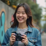 Jeune femme souriante avec appareil photo en ville