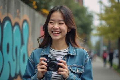 Jeune femme souriante avec appareil photo en ville
