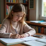 Jeune fille en jeans et pull pastel résolvant des exercices de volume