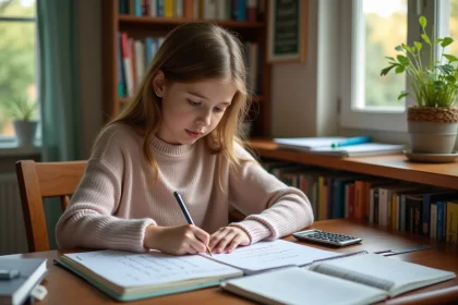 Jeune fille en jeans et pull pastel résolvant des exercices de volume