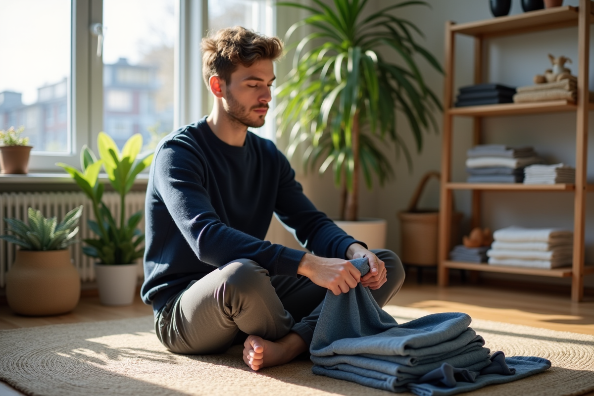 Jeune homme pliant des vêtements dans un salon lumineux
