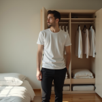 Jeune homme pensif dans une chambre minimaliste lumineuse