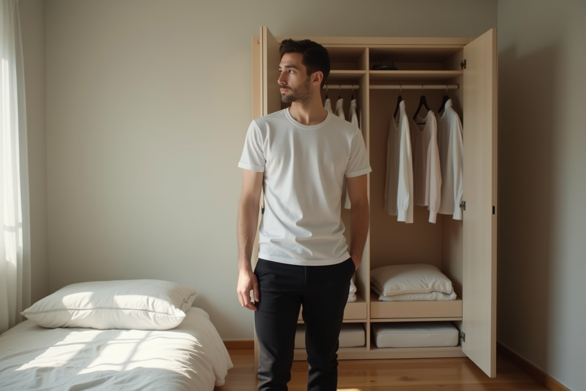 Jeune homme pensif dans une chambre minimaliste lumineuse