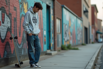 Jeune homme en streetwear avec skateboard devant un mur urbain