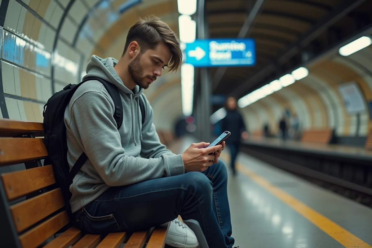 Jeune homme consultant les temps de trajet du RER sur son smartphone dans une station parisienne