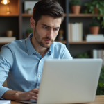 Jeune homme concentré travaillant sur son ordinateur dans un bureau calme