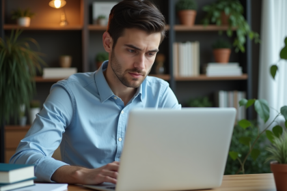 Jeune homme concentré travaillant sur son ordinateur dans un bureau calme