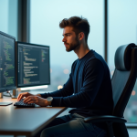 Jeune homme informaticien concentré devant un écran en bureau moderne