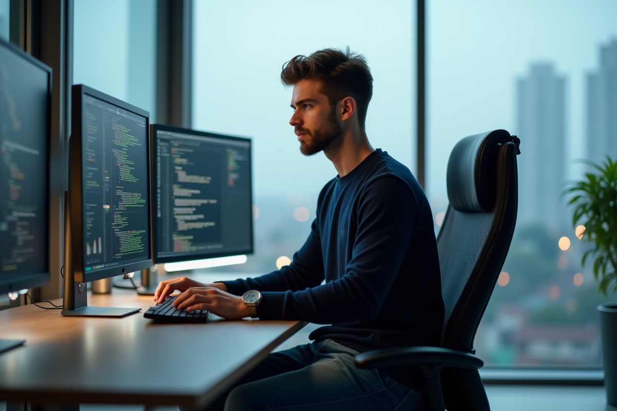 Jeune homme informaticien concentré devant un écran en bureau moderne