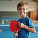 Jeune joueur débutant de pingpong tenant une raquette Tibhar souriant