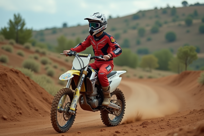 Jeune pilote de motocross sur piste en pleine nature