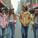 Groupe de jeunes adultes dans la rue en 1980