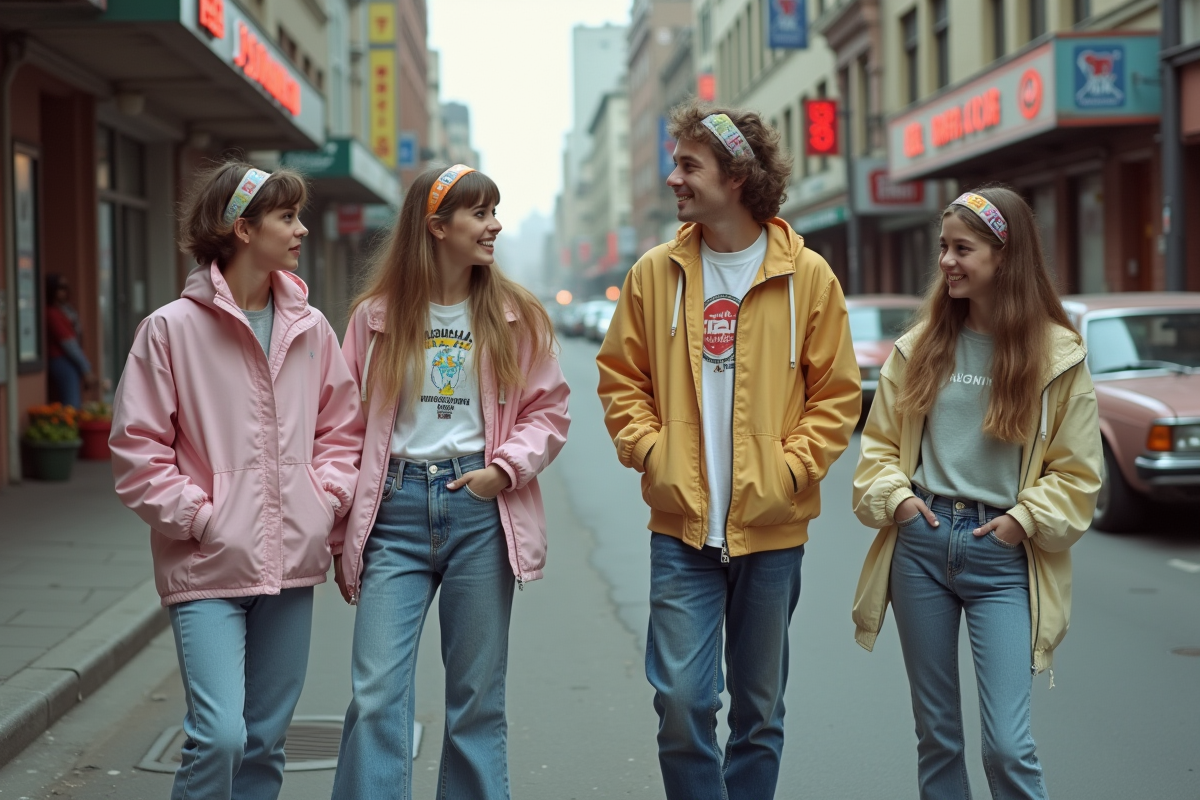 Groupe de jeunes adultes dans la rue en 1980