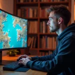 Joueur adulte concentré devant un écran affichant une carte de chasse au trésor du jeu Dofus avec des portails lumineux