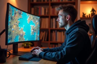 Joueur adulte concentré devant un écran affichant une carte de chasse au trésor du jeu Dofus avec des portails lumineux