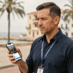 Journaliste consultant les informations en temps réel sur son smartphone au bord de la Méditerranée à Cannes