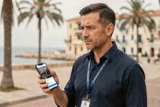 Journaliste consultant les informations en temps réel sur son smartphone au bord de la Méditerranée à Cannes