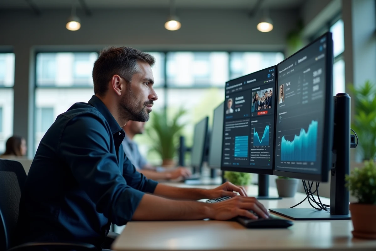 Journaliste analysant les buzz et tendances people dans une salle de rédaction numérique moderne