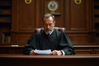 Juge en robe noire assis derrière son banc dans une salle d'audience française, symbolisant la décision de déboutement judiciaire
