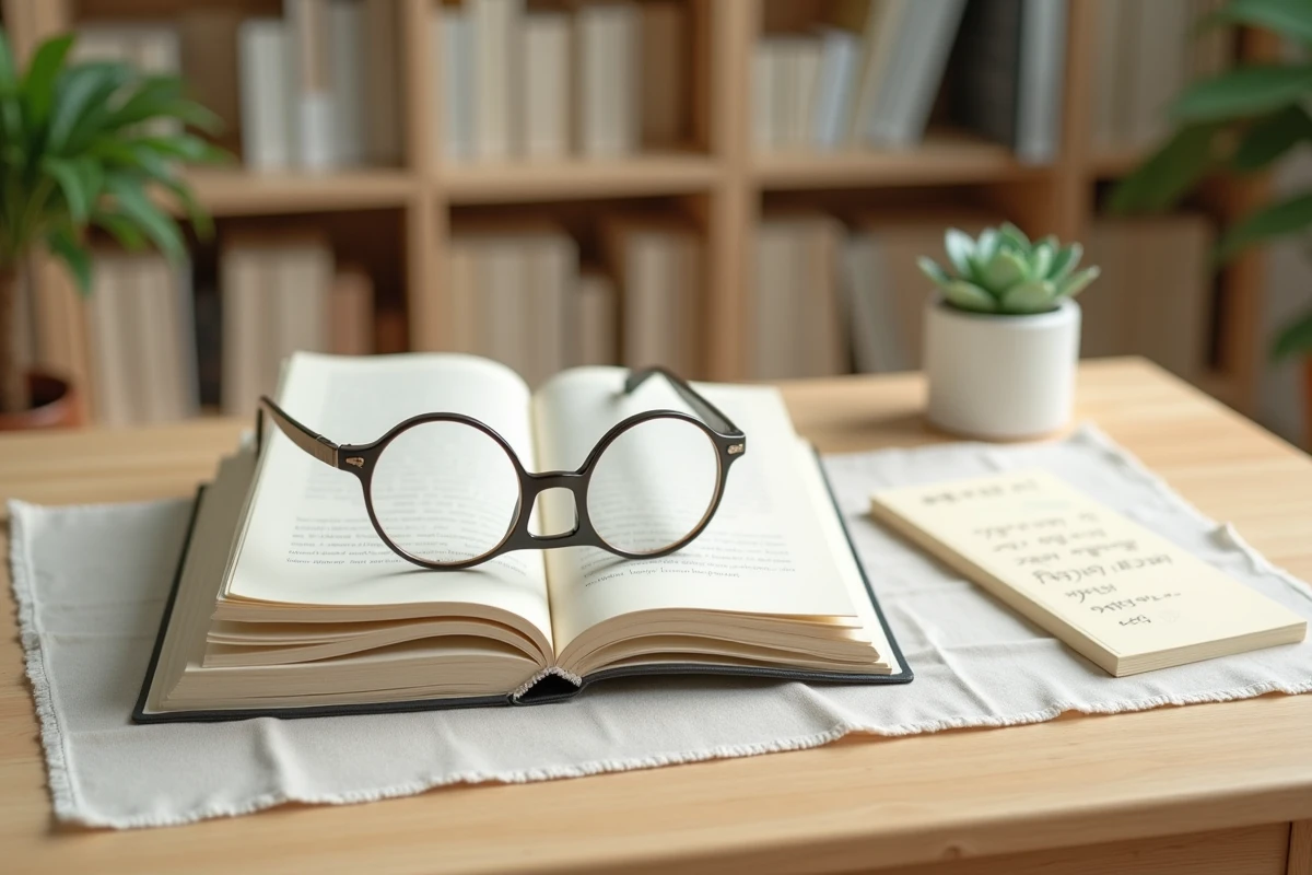 Vue en plongée d'un bureau étudiant avec des volumes de manhwa Just Friends, des lunettes et une note manuscrite