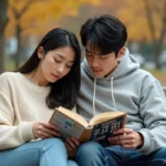 Deux jeunes adultes lisant ensemble un manhwa sur un banc de parc en automne, illustrant l'univers de Just Friends