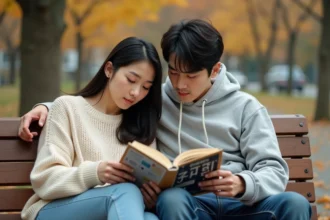 Deux jeunes adultes lisant ensemble un manhwa sur un banc de parc en automne, illustrant l'univers de Just Friends