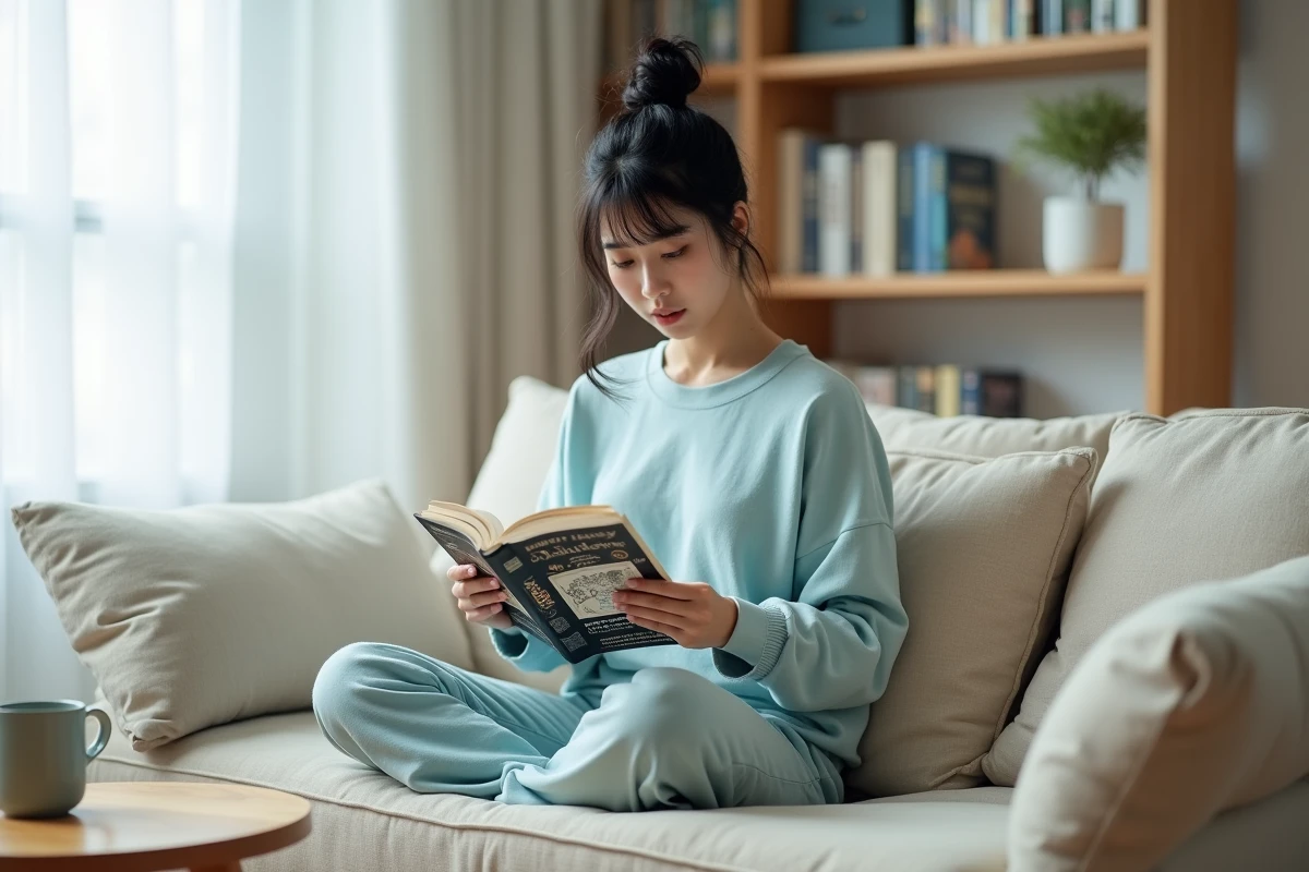 Jeune femme lisant un volume de manhwa Just Friends confortablement installée dans un salon moderne