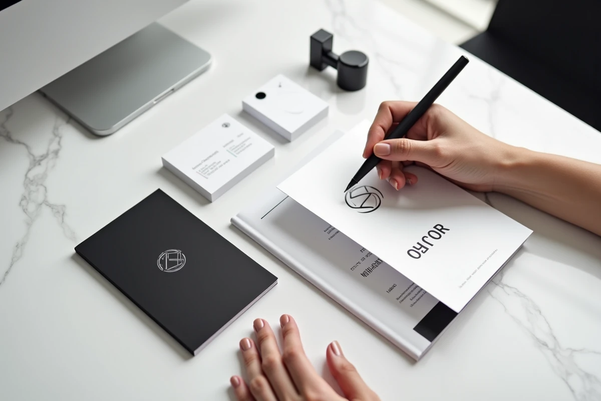 Kit d'identité visuelle en noir et blanc disposé en flat lay sur un bureau en marbre avec carte de visite et brochure