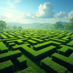 Vue aérienne d'un labyrinthe de haie verte avec personne en vêtements colorés
