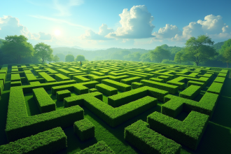 Vue aérienne d'un labyrinthe de haie verte avec personne en vêtements colorés