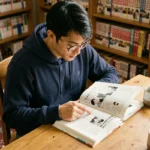 Jeune homme lisant un manga One Piece en version originale japonaise dans une bibliothèque personnelle