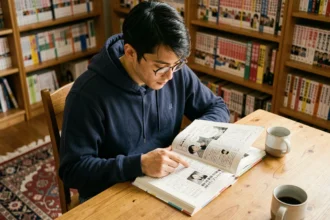 Jeune homme lisant un manga One Piece en version originale japonaise dans une bibliothèque personnelle