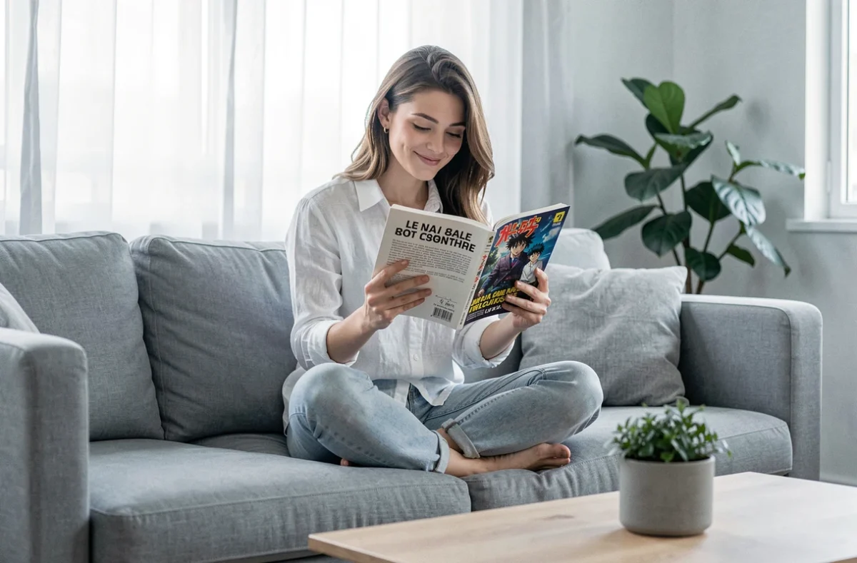 Jeune femme lisant un scan One Piece en version française traduite confortablement dans son salon