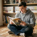 Jeune homme lisant un manga fantasy sans se spoiler l'histoire, assis dans une pièce entourée de mangas