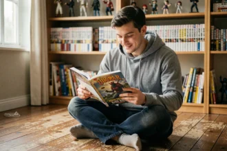 Jeune homme lisant un manga fantasy sans se spoiler l'histoire, assis dans une pièce entourée de mangas