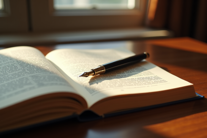 Livre de droit français ouvert sur un bureau en bois