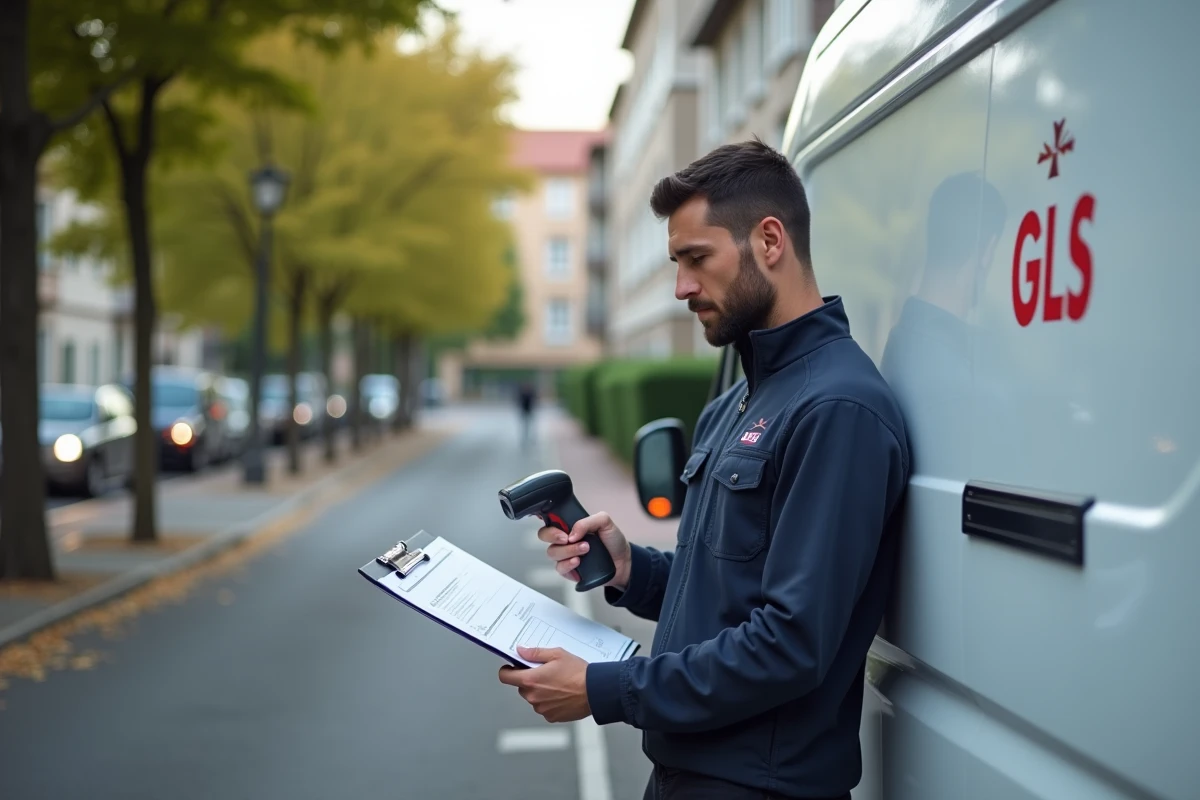 Livreur GLS en uniforme consultant son bon de livraison devant son camion dans une rue résidentielle française