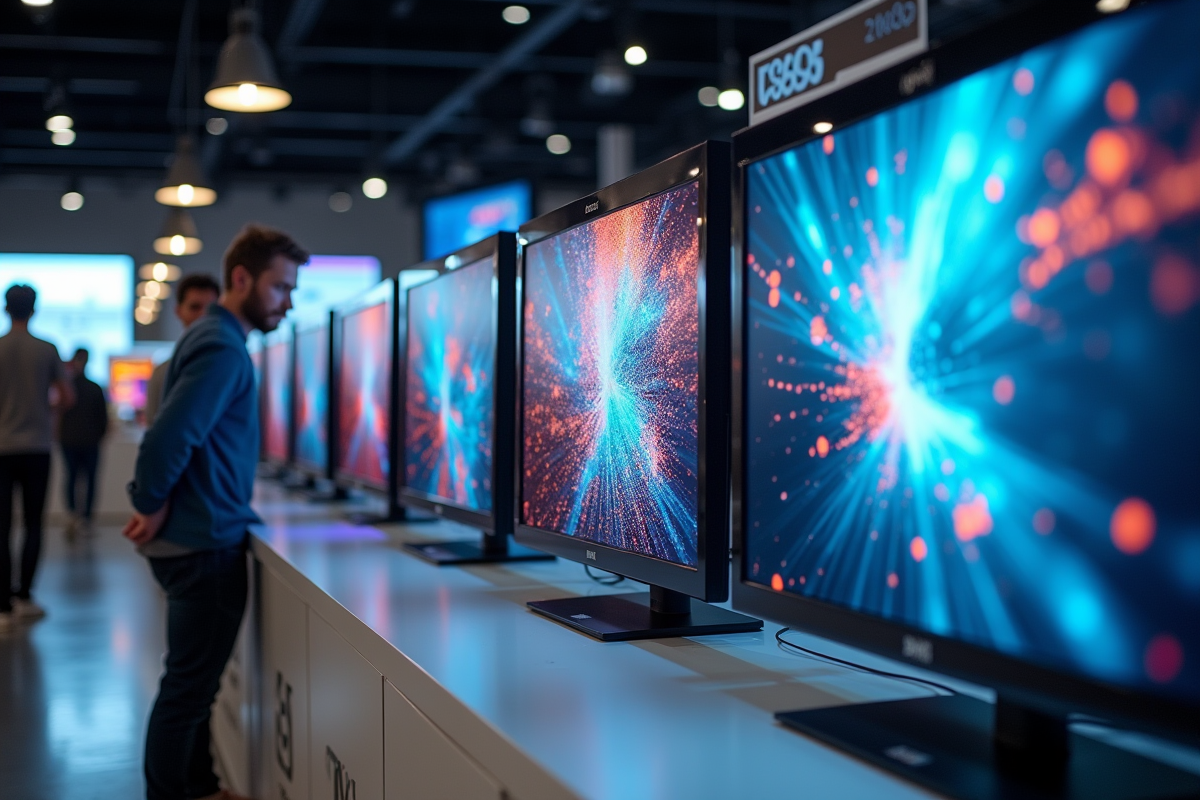 Vitrine de magasins avec écrans 2160p et clients en ligne