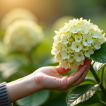 Mains tenant une hydrangea saine dans un jardin ensoleille