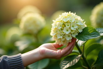 Mains tenant une hydrangea saine dans un jardin ensoleille