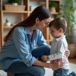 Maman réconforte son fils dans un salon chaleureux
